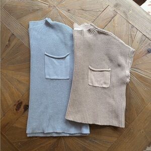 Knit Pocket Cropped Sweaters in Light Blue and Beige